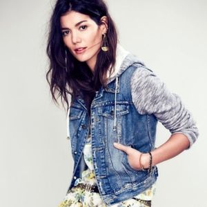 Free People Distressed Denim Sweatshirt Jacket